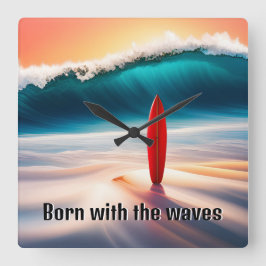 Reloj Cuadrado Surfboard vertical en arena con ola