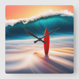 Reloj Cuadrado Surfboard vertical en arena con ola