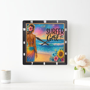 Reloj Cuadrado Surfer Chica Beach Sunset