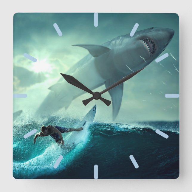 Reloj Cuadrado Surfing con tiburones (Anverso)