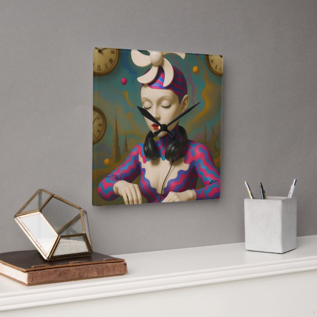 Reloj Cuadrado Surreal DJ Girl  Psychedelic Futuristic Art Design (Oficina)