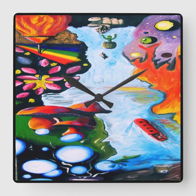 Reloj Cuadrado Surrealista Fantasy Mushroom Wonderland (Anverso)
