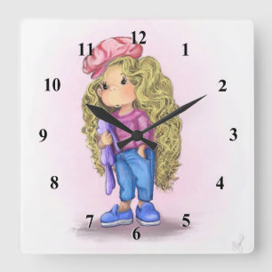 Reloj Cuadrado Sweet Little Blonde Girl Bunny Toy Love - Drawing 
