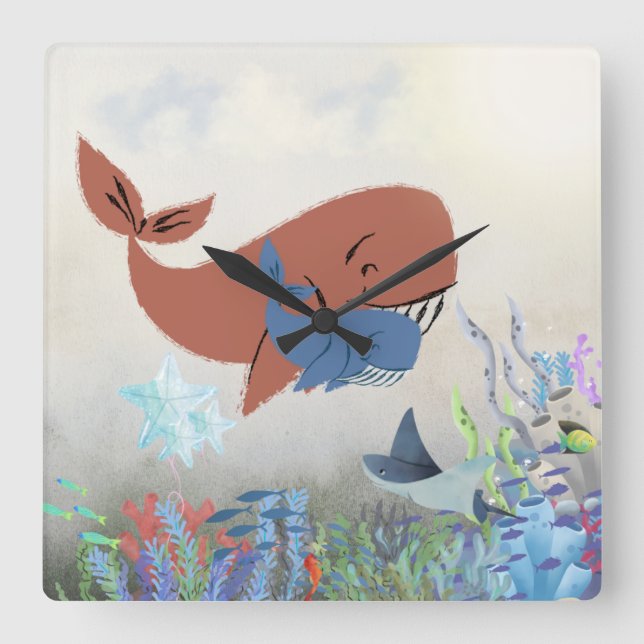 Reloj Cuadrado Sweet Mama & Baby Whale Nursery Wall Clock (Anverso)