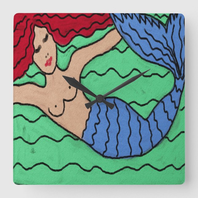 Reloj Cuadrado Swimming Mermaid Abstract Painting Square Wall Clo (Anverso)