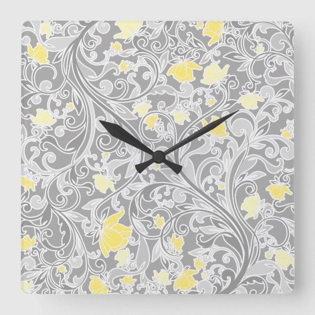 Reloj Cuadrado Swirly amarillo y gris moderno floral (Anverso)