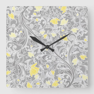 Reloj Cuadrado Swirly amarillo y gris moderno floral