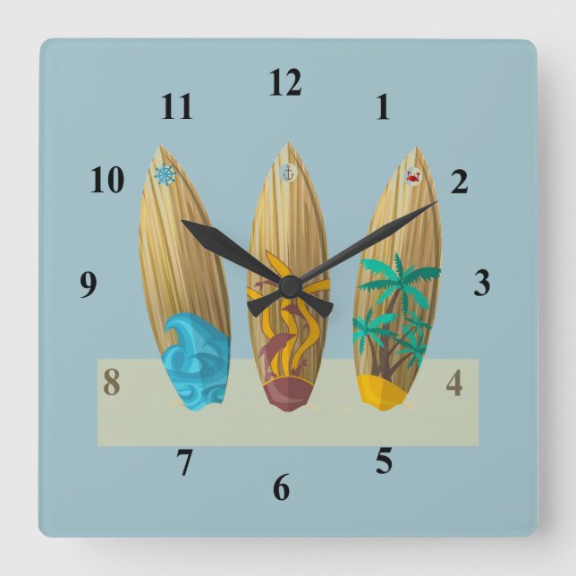 Reloj Cuadrado Tablas hawaianas en la arena (Anverso)