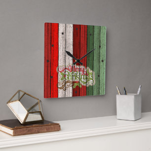 Reloj Cuadrado Tablones de madera oscura roja verde desgastada Pa