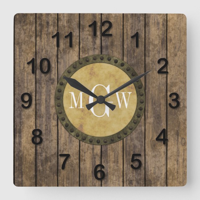 Reloj Cuadrado Tablones de Madera Rústica #1 Steampunk 3 Monogram (Anverso)