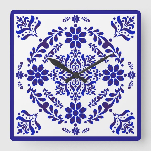Reloj Cuadrado Talavera azul y blanca Tres Cuadrados (Anverso)