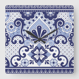 Reloj Cuadrado Talavera mexicana azul y blanca