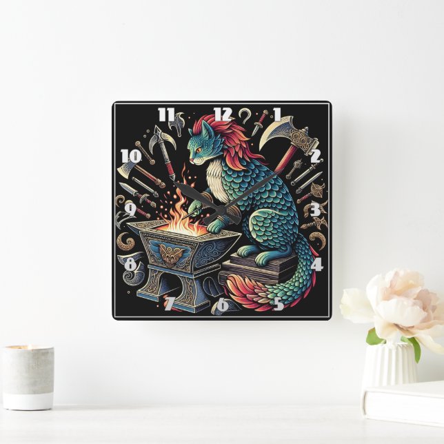 Reloj Cuadrado Taller de fantasía de gatos caprichosos (Hogar)