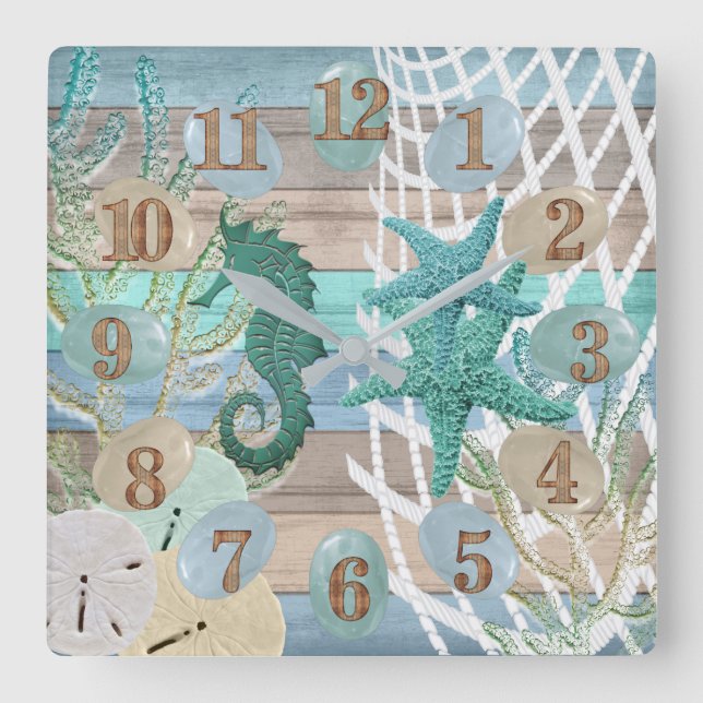 Reloj Cuadrado Tan y Blue Beach Wood Nautical (Anverso)