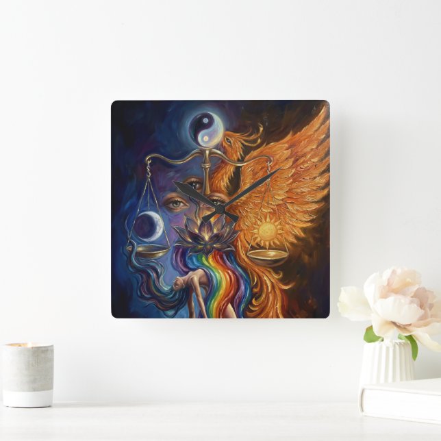 Reloj Cuadrado Tapiz mural espiritual de equilibrio de fénix (Hogar)