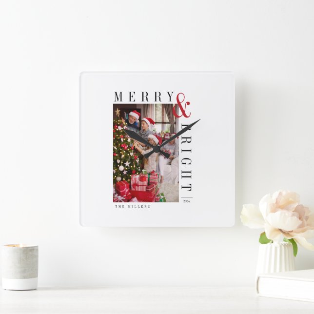 Reloj Cuadrado Tarjeta fotográfica navideña de escritura moderna (Hogar)