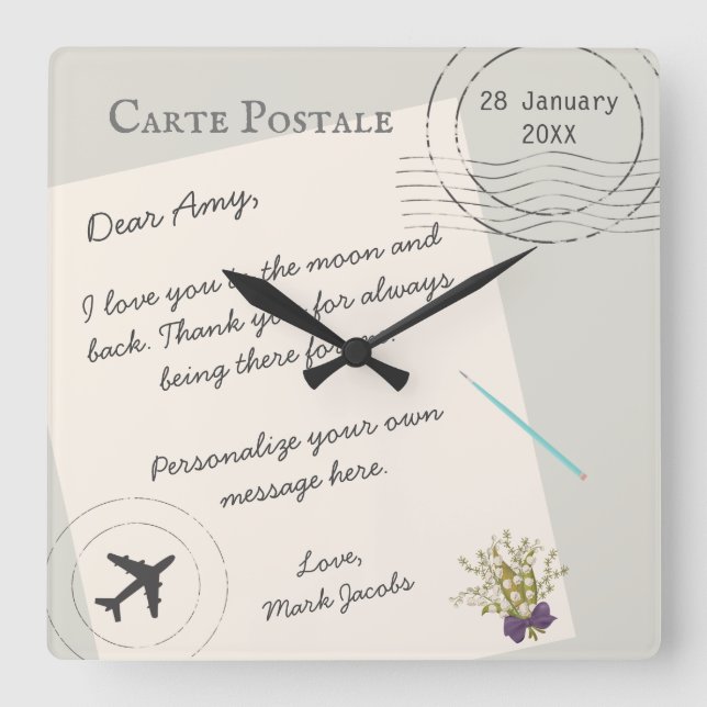 Reloj Cuadrado Tarjeta postal nota personalizada de amor (Anverso)