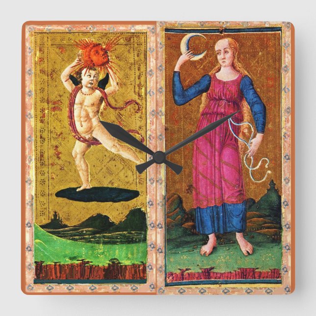 RELOJ CUADRADO TAROS DE RENACIMIENTO ANTIGUO / SOL Y LUNA (Anverso)