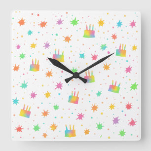 Reloj Cuadrado Tarta de cumpleaños acuarela arcoíris Pintura colo