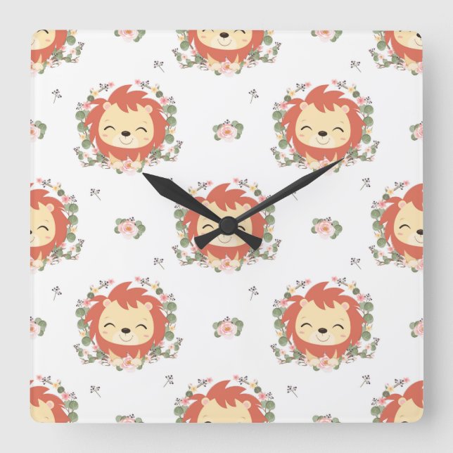 Reloj Cuadrado Tatuaje De León Y Flor (Anverso)