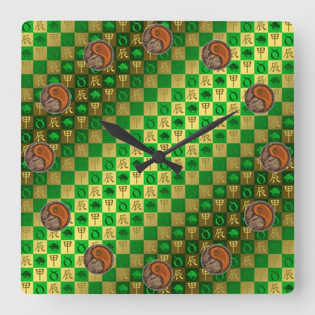 Reloj Cuadrado Tauro & Dragón de Madera (Anverso)