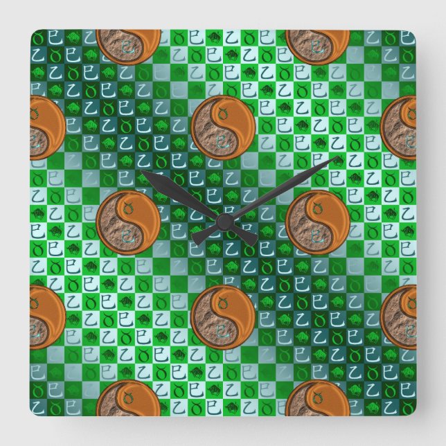 Reloj Cuadrado Tauro & Serpiente de Madera (Anverso)