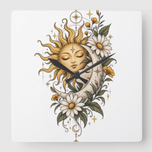 Reloj Cuadrado Taza de café del sol lunar celestial místico y flo