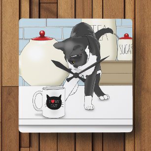 Reloj Cuadrado Taza De Té Divertida Gato Gris Blanco Curioso Coci