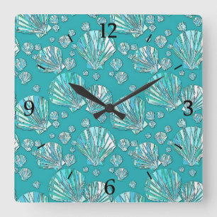 Reloj Cuadrado Teal, seafoam sea shells, turquoise background