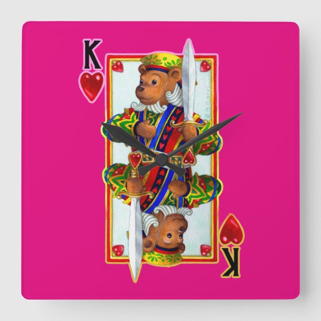 Reloj Cuadrado Teddy Bear King of Hearts Wall Clock (Anverso)