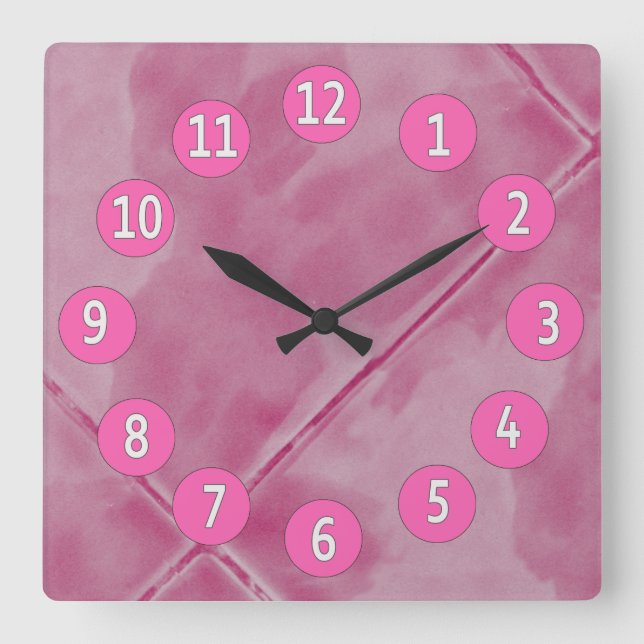 Reloj Cuadrado Tejas rosadas dulces con los dígitos blancos (Anverso)