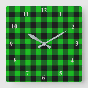 Reloj Cuadrado Tela escocesa negra y verde comprobada