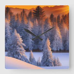 Reloj Cuadrado Tema de amanecer en el bosque invernal