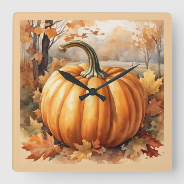 Reloj Cuadrado Temática de calabaza de la temporada otoño (Anverso)
