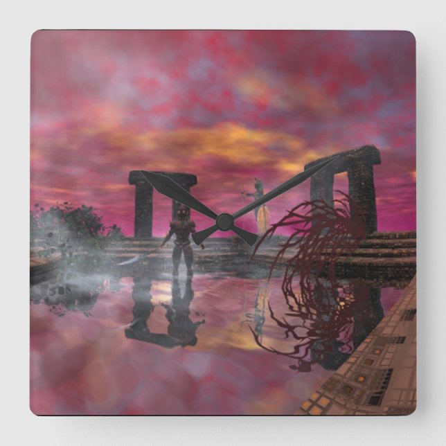 Reloj Cuadrado TEMPLO HIPERIANO DE ciencia ficción sobre el agua, (Anverso)