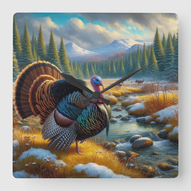 Reloj Cuadrado Temporada de Invierno Primera Nieve Pavo Salvaje  (Anverso)