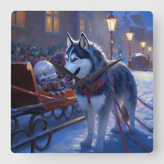 Reloj Cuadrado Temporada festiva de los Navidades Husky siberiano (Anverso)