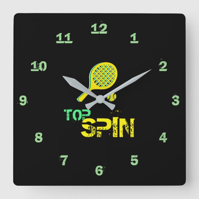 Reloj Cuadrado Tennis Sport Pop Art, Green & Yellow Racket & Ball (Anverso)