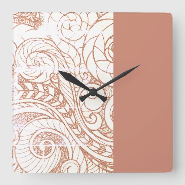 Reloj Cuadrado Terracotta Botánico Remolino Moderno (Anverso)