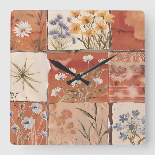 Reloj Cuadrado Terracotta Patchwork Rust Boho Spring (Anverso)