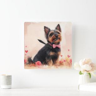 Reloj Cuadrado Terrier Australiano con Rosas - Día de San Valentí
