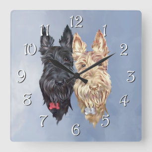 Reloj Cuadrado Terriers Escoceses Negros y Trigos