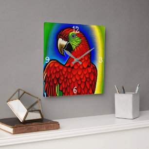Reloj Cuadrado Tesoro tropical: Resumen de arte de loro vibrante