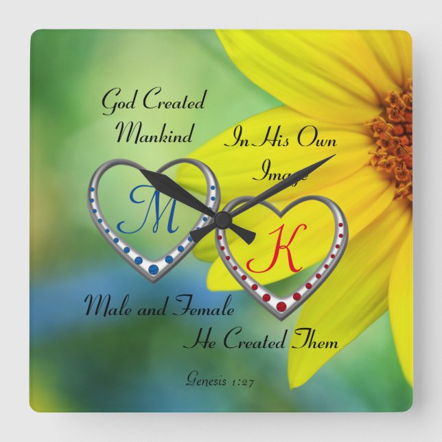 Reloj Cuadrado Texto de las escrituras bíblicas con monogramas de (Anverso)