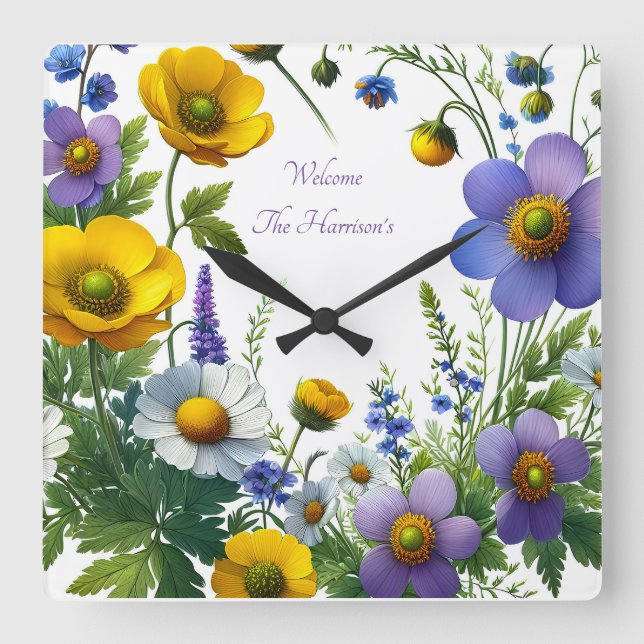Reloj Cuadrado Texto personalizar de flores moradas y amarillas (Anverso)