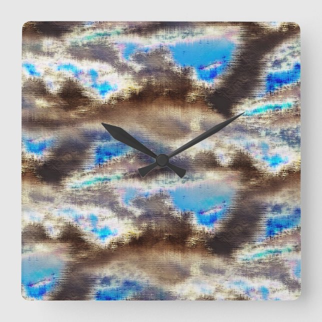 Reloj Cuadrado Textura azul y marrón manchada en una madera rugos (Anverso)