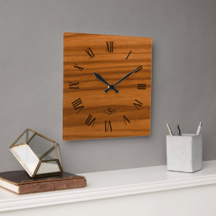 Reloj Cuadrado Textura de madera de caoba Numeración romana