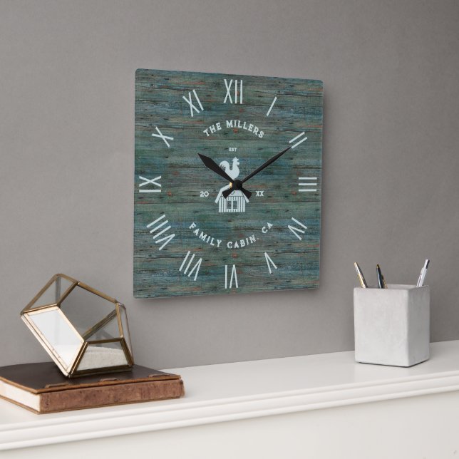 Reloj Cuadrado Textura de madera rústica Numeración romana Granja (Oficina)