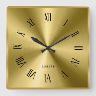 Reloj Cuadrado Textura metálica Borde dorado Numeración romana