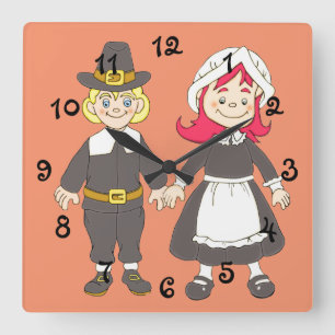 Reloj Cuadrado Thanksgiving Pilgrim Boy And Girl